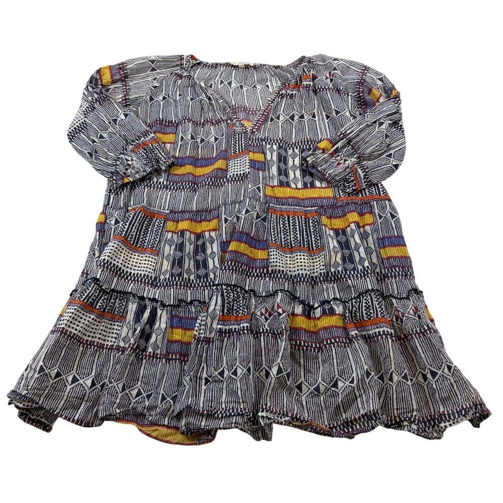 Lemlem by Liya Kebede Tiered Mini Dress Blue Yellow Geometric Print Medium Kenya